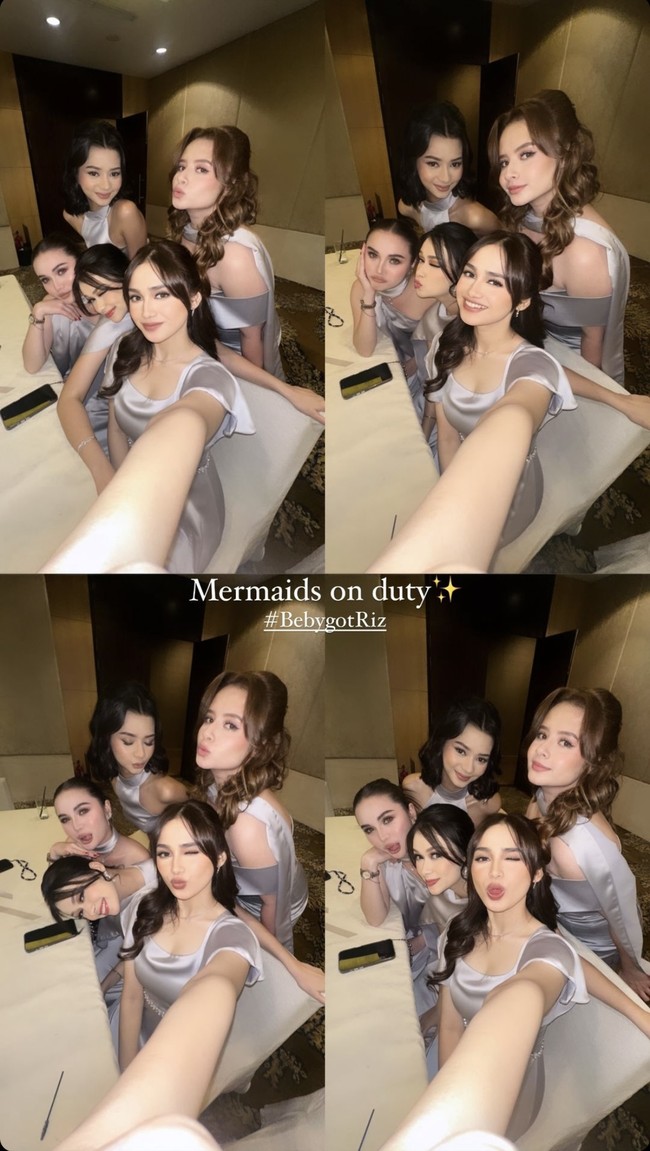 Kompak dengan para bridesmaid lainnya, Syifa juga mengenakan dress satin berwarna abu-abu. Terlihat wanita 23 tahun itu berpose bersama para bridesmaid lain di acara pernikahan Beby Tsabina dan Rizki Natakusumah. Foto: Instagram/@syifahadju