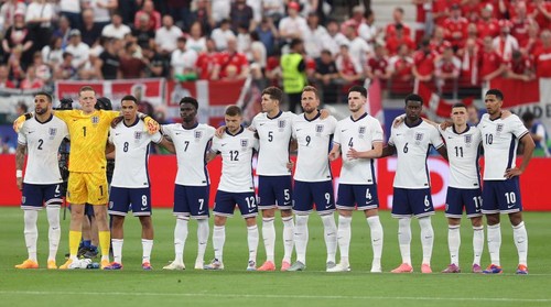 FRANKFURT AM MAIN, GERMANY - JUNE 20: England players during a minutes applause ahead of kick off during the UEFA EURO 2024 group stage match between Denmark and England at Frankfurt Arena on June 20, 2024 in Frankfurt am Main, Germany.(Photo by Crystal Pix/MB Media/Getty Images)