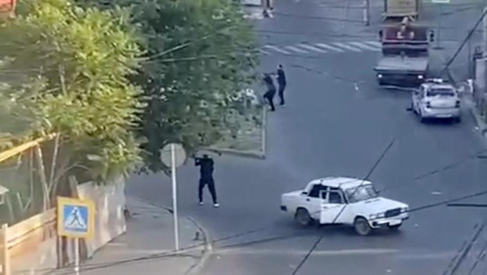 A view shows emergency service vehicles on the street of Makhachkala, Dagestan, in southern Russia, June 23, 2024, in this still image obtained from a video.  VIDEO OBTAINED BY REUTERS/via REUTERS  THIS IMAGE HAS BEEN SUPPLIED BY A THIRD PARTY. MANDATORY CREDIT. NO RESALES. NO ARCHIVES.