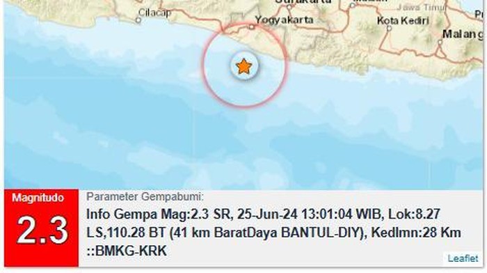 Gempa M 2,3 goyang barat daya Bantul, Selasa (25/6/2024).