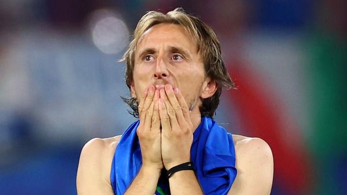 LEIPZIG, GERMANY - JUNE 24: Luka Modric of Croatia reacts at full-time following the UEFA EURO 2024 group stage match between Croatia and Italy at Football Stadium Leipzig on June 24, 2024 in Leipzig, Germany. (Photo by Chris Brunskill/Fantasista/Getty Images)