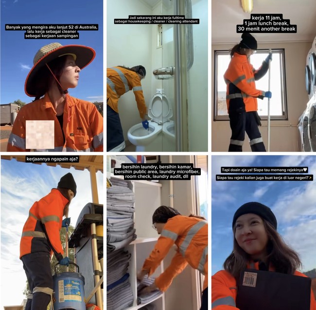 Dea memperlihatkan kegiatannya sebagai house keeping, cleaner, dan cleaning attendant. Dia mengatakan jam kerjanya adalah sembilan hari kerja dan lima hari libur bekerja. Kerja 11 jam, 1 jam lunch break, 30 menit another break. Kerjanya ngapain aja? Bersihin laundry, kamar, publik area, laundry microfiber, room check, laundry audit dan lainnya, tutur Dea. Foto: Dok. Instagram @dearaleyden.