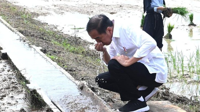 Jokowi meninjau distribusi bantuan pompa di Desa Bapeang, Kabupaten Kotawaringin Timur, Kalimantan Tengah.