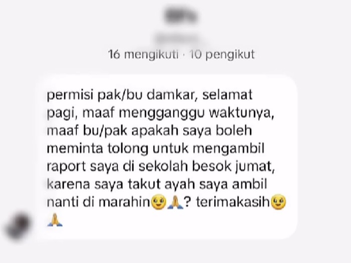 Unggahan petugas Pemadam Kebakaran (Damkar) yang menerima pesan dari murid untuk mengambil rapor, mendadak viral di media sosial.
