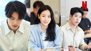 Peran Sota Fukushi (paling kiri) masih dirahasiakan di drakor rom-com ini. Can This Love Be Translated akan jadi debutnya di drama Korea. Lee Yi Dam (tengah) sebelumnya eksis di serial Netflix Daily Dose of Sunshine dan Black Knight akan beradu akting juga dengan Choi Woo Sung yang permain main di Melancholia dan My Roommate Is a Gumiho. (Foto: dok. Netflix)