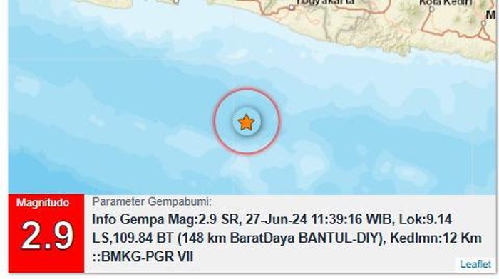 Gempa M 2,9 di Bantul, Kamis (27/6/2024).