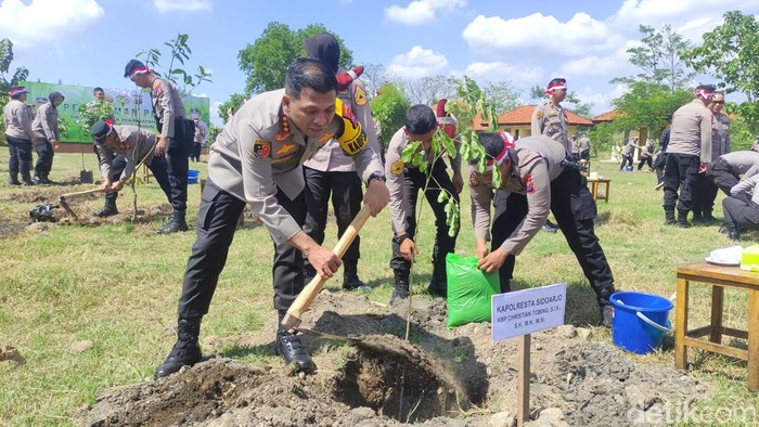 Kapolres Sidoarjo melakukan penanaman pohon di Hari Bhayangkara
