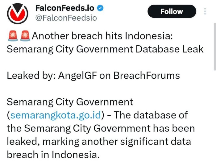 Akun X @FalconFeedsio posting kabar soal kebocoran data Pemkot Semarang. Foto diunggah pada Jumat (28/6/2024).