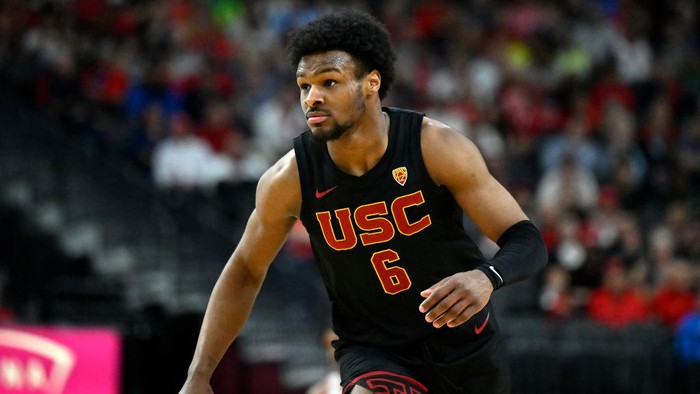 LAS VEGAS, NEVADA - MARCH 14: Bronny James #6 of the USC Trojans looks on in the second half of a quarterfinal game against the Arizona Wildcats during the Pac-12 Conference basketball tournament at T-Mobile Arena on March 14, 2024 in Las Vegas, Nevada. The Wildcats defeated the Trojans 70-49. (Photo by David Becker/Getty Images)