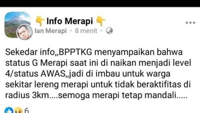 Tangkapan layar unggahan yang menyebutkan Gunung Merapi naik status menjadi Awas.