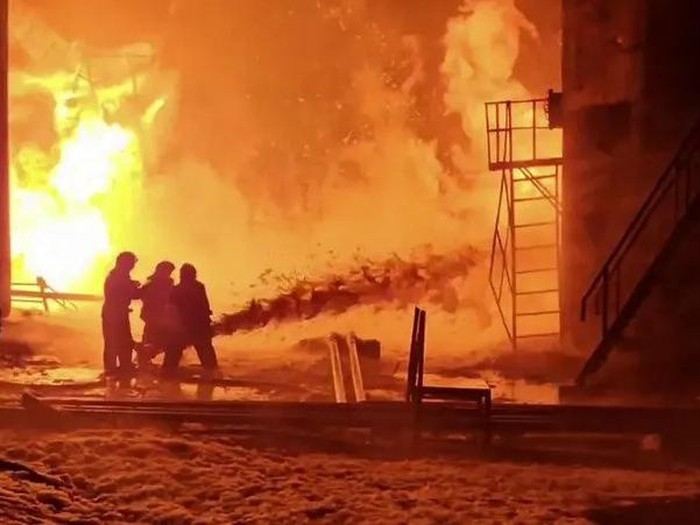 This grab from a handout footage published on the official Telegram account of the governor of the Kursk region Roman Starovoit on February 15, 2024, shows firefighters working to extinguish a fire at an oil depot in the Kursk region. (File photo: AFP)