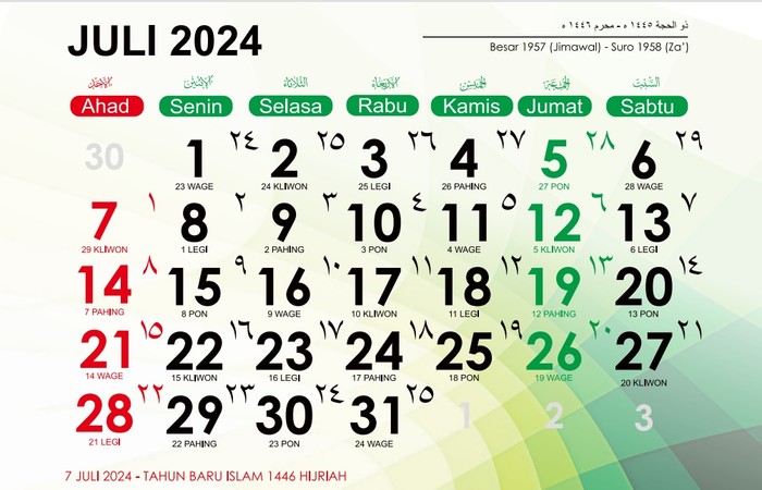 Kalender Juli 2024 lengkap tanggal Hijriah dan Weton.