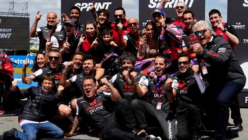 Jorge Martin (89) of Spain and Prima Pramac Racing Ducati celebrates the victory after the sprint of the Gran Premio Estrella Galicia 0,0 de España at Circuito de Jerez - Angel Nieto on April 27, 2024 in Jerez de la Frontera, Spain. (Photo by Jose Breton/Pics Action/NurPhoto via Getty Images)