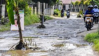 Warga mengendarai sepeda motor berupaya menghindari lubang di jalan rusak yang ditanami pohon pisang di Ciekek Hilir, Pandeglang, Banten, Jumat (28/6/2024).