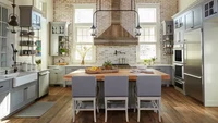 Tekstur bergaya industrial hadir di dinding bata yang lapang, kap mesin dari kayu reklamasi, dan plafon kayu. Lampu bergaya lentera hitam dan bangku berlapis kain membawa sentuhan farmhouse. Foto: JEAN ALLSOPP via Better Homes & Gardens