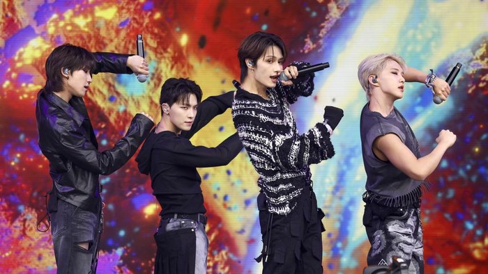 Members of the band Seventeen perform during the Glastonbury Festival in Worthy Farm, Somerset, England, Friday, June 28, 2024. (Joel C Ryan/Invision/AP)