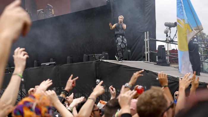 Members of the band Seventeen perform during the Glastonbury Festival in Worthy Farm, Somerset, England, Friday, June 28, 2024. (Joel C Ryan/Invision/AP)