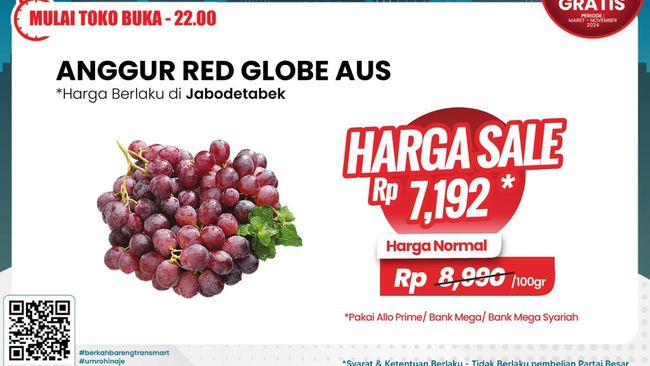 Di Transmart Full Day Sale memberikan diskon besar untuk penjualan buah anggur.