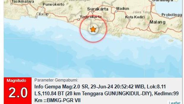 Gempa di Gunungkidul pukul 20.52 WIB, Sabtu (29/6/2024).