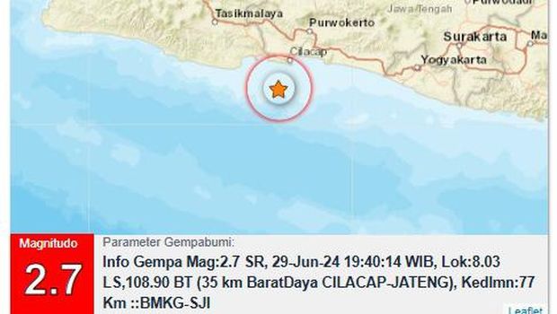 Gempa di perairan Cilacap pukul 19.40 WIB, Sabtu (29/6/2024).