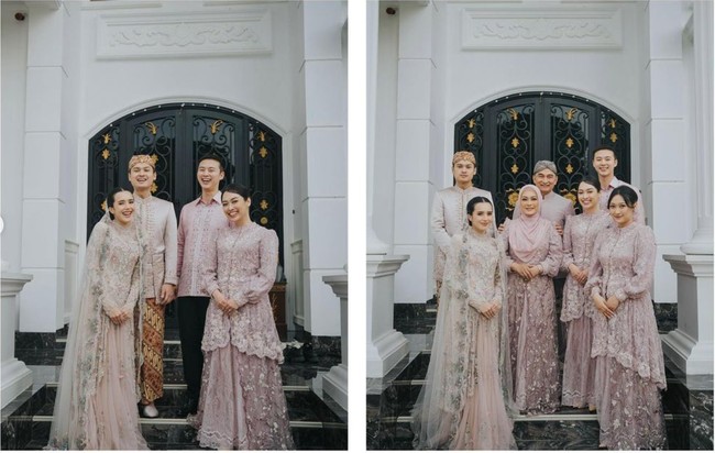 Potret Beby Tsabina bersama keluarga sang suami. Terlihat keluarga Rizki itu kompak mengenakan busana berwarna dusty pink. Foto: Instagram/@bebytsabina