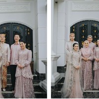 Potret Beby Tsabina bersama keluarga sang suami. Terlihat keluarga Rizki itu kompak mengenakan busana berwarna dusty pink. Foto: Instagram/@bebytsabina