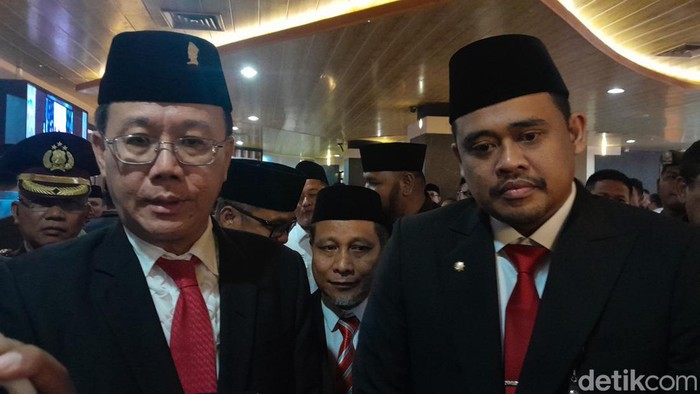 Ketua DPRD Medan Hasyim dan Wali Kota Medan Bobby Nasution usai sidang paripurna istimewa HUT Kota Medan ke-434
