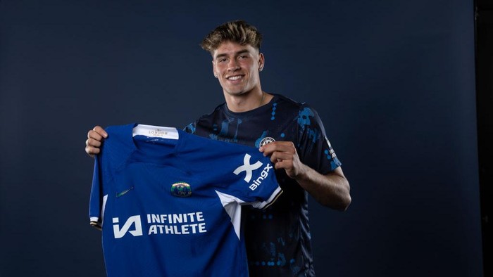 COBHAM, ENGLAND - JULY 1: Chelsea Unveil New Signing Marc Guiu at Cobham Training Ground on July 1, 2024 in Cobham, England. (Photo by Chelsea Football Club/Chelsea FC via Getty Images)