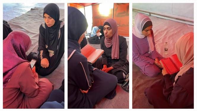 Iman, Afnan, and Aya, tiga dari enam perempuan yang melantunkan hafalan Al-Qur'an di masjid tenda Gaza.