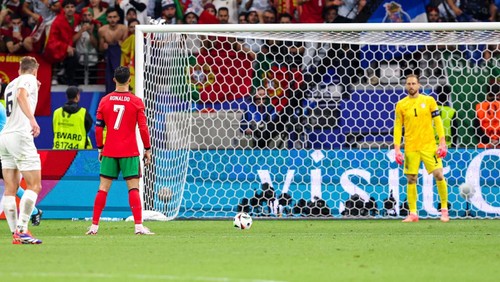 FRANKFURT, GERMANY - JULY 1: Cristiano Ronaldo of Portugal shooting penalty during the Round of 16 - UEFA EURO 2024 match between Portugal and Slovenia at Deutsche Bank Park on July 1, 2024 in Frankfurt, Germany. (Photo by Peter Lous/BSR Agency/Getty Images)