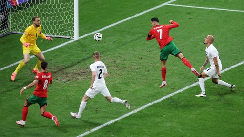 FRANKFURT AM MAIN, GERMANY - JULY 01: Cristiano Ronaldo of Portugal misses a chance during the UEFA EURO 2024 round of 16 match between Portugal and Slovenia at Frankfurt Arena on July 01, 2024 in Frankfurt am Main, Germany. (Photo by Alex Grimm/Getty Images)