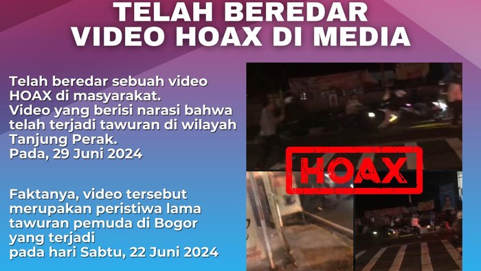 Unggahan klarifikasi Polres Pelabuhan Tanjung Perak mengenai hoaks video tawuran di Surabaya.