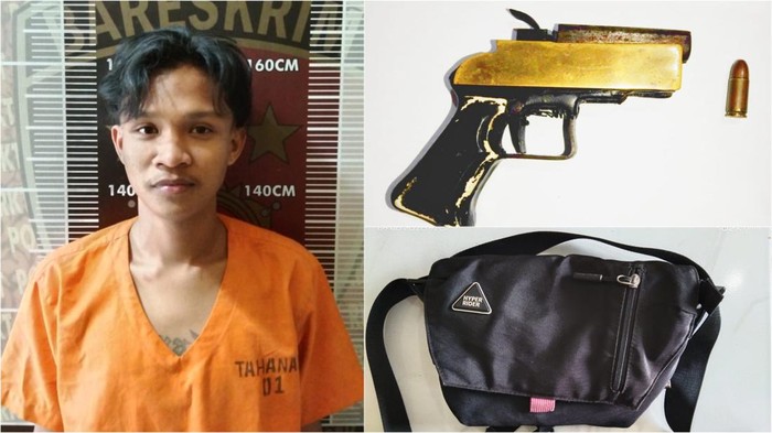 Agus berikut barang bukti tas selempang, sepucuk senpira dan sebutir amunisi diamankan polisi.