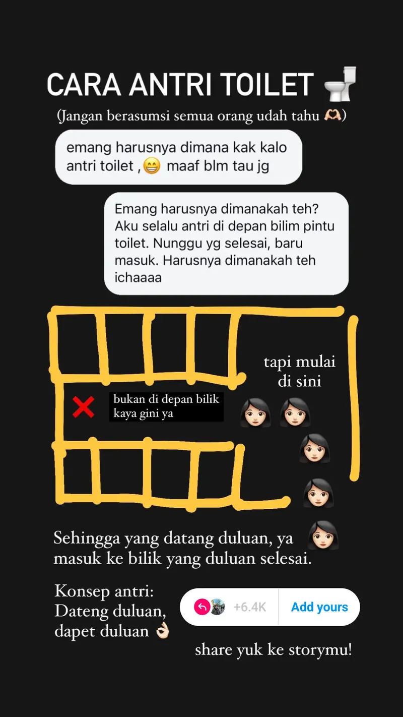 Viral template di Instagram soal cara antri di toilet umum yang benar. Template itu dibuat oleh Annisa Steviani dan telah dibagikan lebih dari 7.300 kali.