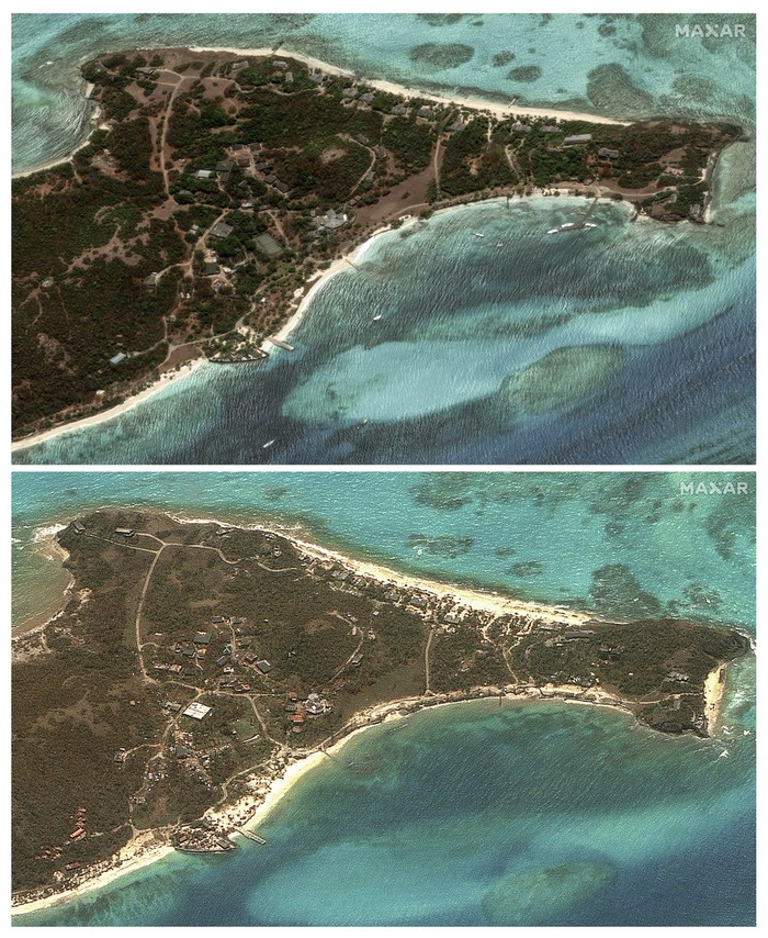 Foto Satelit Sebelum dan Sesudah Wilayah Karibia Diterjang Badai This combination of satellite images provided by MaxarTechnologies shows views of the Caribbean island Martinique, Grenada, on May 8, 2023, top, and bottom on July 2, 2024, after Hurricane Beryl made landfall across multiple islands. (Satellite image Β©2024 Maxar Technologies via AP)