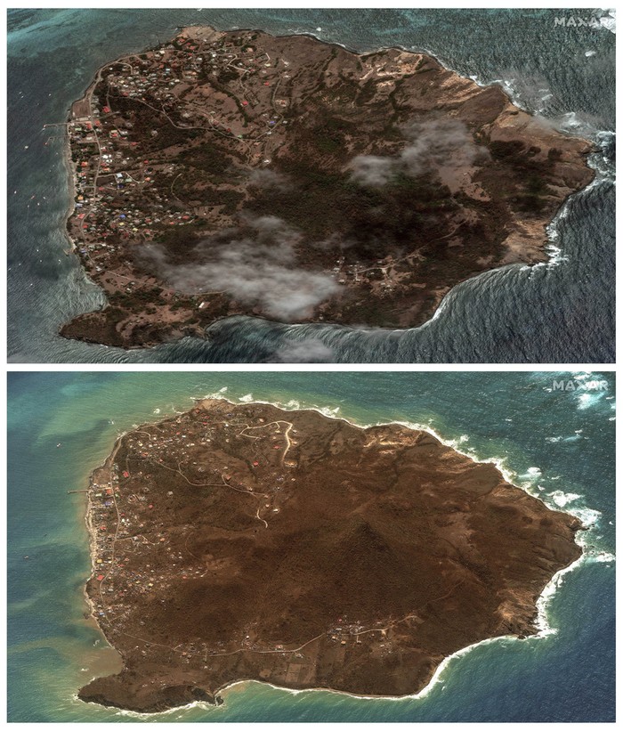 Foto Satelit Sebelum dan Sesudah Wilayah Karibia Diterjang Badai This combination of satellite images provided by MaxarTechnologies shows views of the Caribbean island Martinique, Grenada, on May 8, 2023, top, and bottom on July 2, 2024, after Hurricane Beryl made landfall across multiple islands. (Satellite image Β©2024 Maxar Technologies via AP)