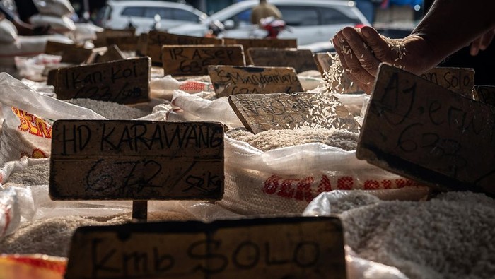 Calon pembeli memilah beras di Pasar Induk Beras Cipinang, Jakarta, Rabu (3/7/2024). Badan Pusat Statistik (BPS) mencatat harga beras eceran naik atau mengalami inflasi sebesar 11,88 persen secara tahunan atau year on year (YoY) pada Juni 2024. ANTARA FOTO/Bayu Pratama S/aww.