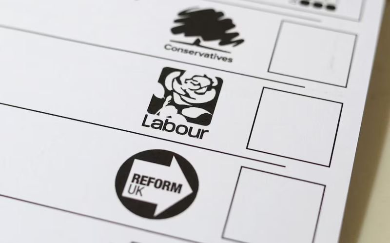 British political party logos are seen on a ballot paper in a postal voting pack for Britain's 2024 parliamentary election, in this photo illustration taken June 28, 2024. REUTERS/Toby Melville/Illustration/File Photo Purchase Licensing Rights