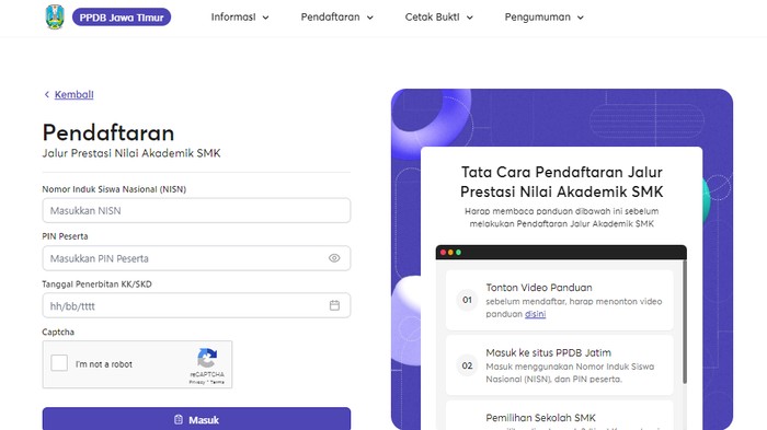 Pendaftaran PPDB SMK Jatim jalur prestasi nilai akademik 2024.