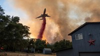Petugas pemadam kebakaran menjatuhkan bahan penghambat dari pesawat di samping sebuah rumah saat mereka memadamkan api di ngarai di Oroville, California, AS, 2 Juli 2024.  