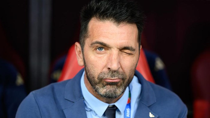 24 June 2024, Saxony, Leipzig: Soccer, UEFA Euro 2024, European Championship, Croatia - Italy, Preliminary round, Group B, Matchday 3, Leipzig Arena, Gianluigi Buffon, former Italian national goalkeeper, reacts before the start of the match. Photo: Robert Michael/dpa (Photo by Robert Michael/picture alliance via Getty Images)