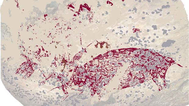 Lukisan Cadas di gua kapur di Leang Karampuang, Maros-Pangkep, Sulawesi Selatan.