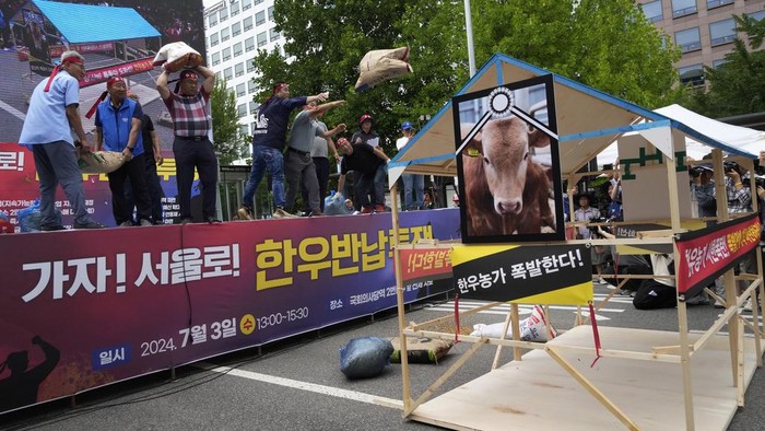 Korean cattle farmers who are demanding a reduction in cattle feed price, try to hurl a cut-out photo of Hanwoo over police barricades as they stage a rally near the National Assembly in Seoul, South Korea, Wednesday, July 3, 2024. Hundreds of farmers called for the stabilization of the Hanwoo industry. Hanwoo is a breed of cattle native to Korea. (AP Photo/Ahn Young-joon)