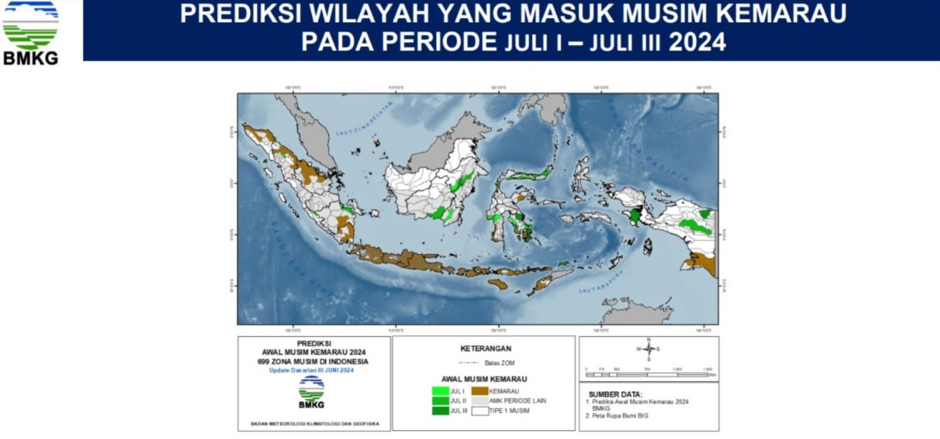 Prediksi wilayah yang masuk musim kemarau pada pereode bulan Juli I - Juli II 2024. (Dok: BMKG)