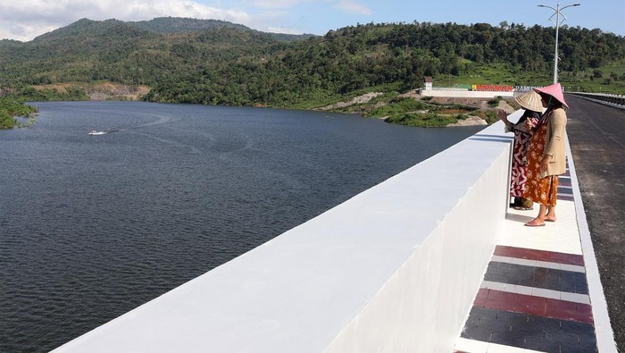 Warga melihat Bendungan Pamukkulu yang telah diresmikan oleh Presiden Joko Widodo di Kabupaten Takalar, Sulawesi Selatan, Jumat (5/7/2024). Bendungan seluas 460 hektare yang merupakan Proyek Strategis Nasional (PSN) dengan nilai investasi Rp1,83 triliun tersebut dapat mengairi area pertanian seluas 6.430 hektare dan menjadi sumber air baku berkapasitas 160 liter per detik dengan potensi pembangkit listrik tenaga air sebesar 4,3 megawatt. ANTARA FOTO/Arnas Padda/tom.
