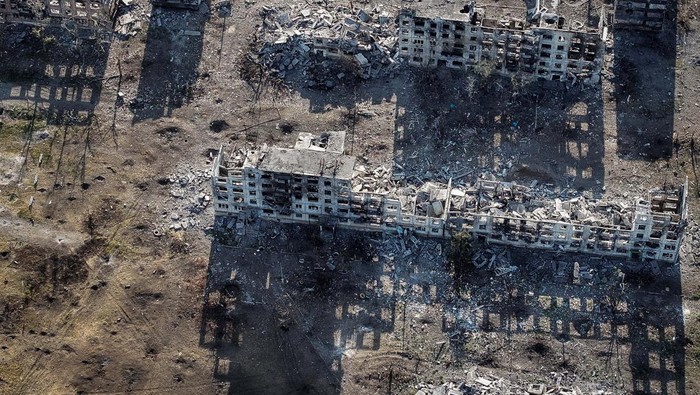 A drone view shows destroyed buildings in the frontline town of Chasiv Yar, amid Russia's attack on Ukraine, Donetsk region, Ukraine  July 4, 2024. Oleg Petrasiuk/Press Service of the 24th King Danylo Separate Mechanized Brigade of the Ukrainian Armed Forces/Handout via REUTERS ATTENTION EDITORS - THIS IMAGE HAS BEEN SUPPLIED BY A THIRD PARTY.