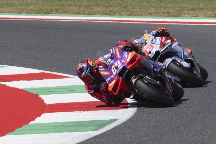 SCARPERIA, ITALY - JUNE 01: Jorge Martin of Spain and Prima Pramac Racingleads Marc Marquez of Spain and Gresini Racing MotoGP during the MotoGP Of Italy - Sprint at Mugello Circuit on June 01, 2024 in Scarperia, Italy. (Photo by Mirco Lazzari gp/Getty Images)