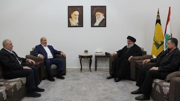 Lebanons Hezbollah leader Sayyed Hassan Nasrallah meets with top Hamas official Khalil Al-Hayya in this handout picture obtained by Reuters on July 5, 2024, Lebanon. Hezbollah Media Office/Handout via REUTERS Purchase Licensing Rights