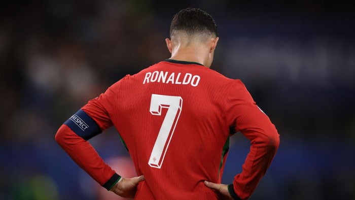 HAMBURG, GERMANY - JULY 05: Cristiano Ronaldo of Portugal reacts during the UEFA EURO 2024 quarter-final match between Portugal and France at Volksparkstadion on July 05, 2024 in Hamburg, Germany. (Photo by Jonathan Moscrop/Getty Images)