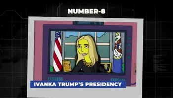 Dalam sebuah episode yang ditayangkan pada Oktober 2016, ada bocoran halus bahwa putri Presiden AS ke-45 Donald Trump, akan mencalonkan diri sebagai presiden. Dalam episode ini, Homer Simpson terlihat mengenakan lencana bertuliskan Ivanka 2028. Foto: BlogAllOut via HubPages